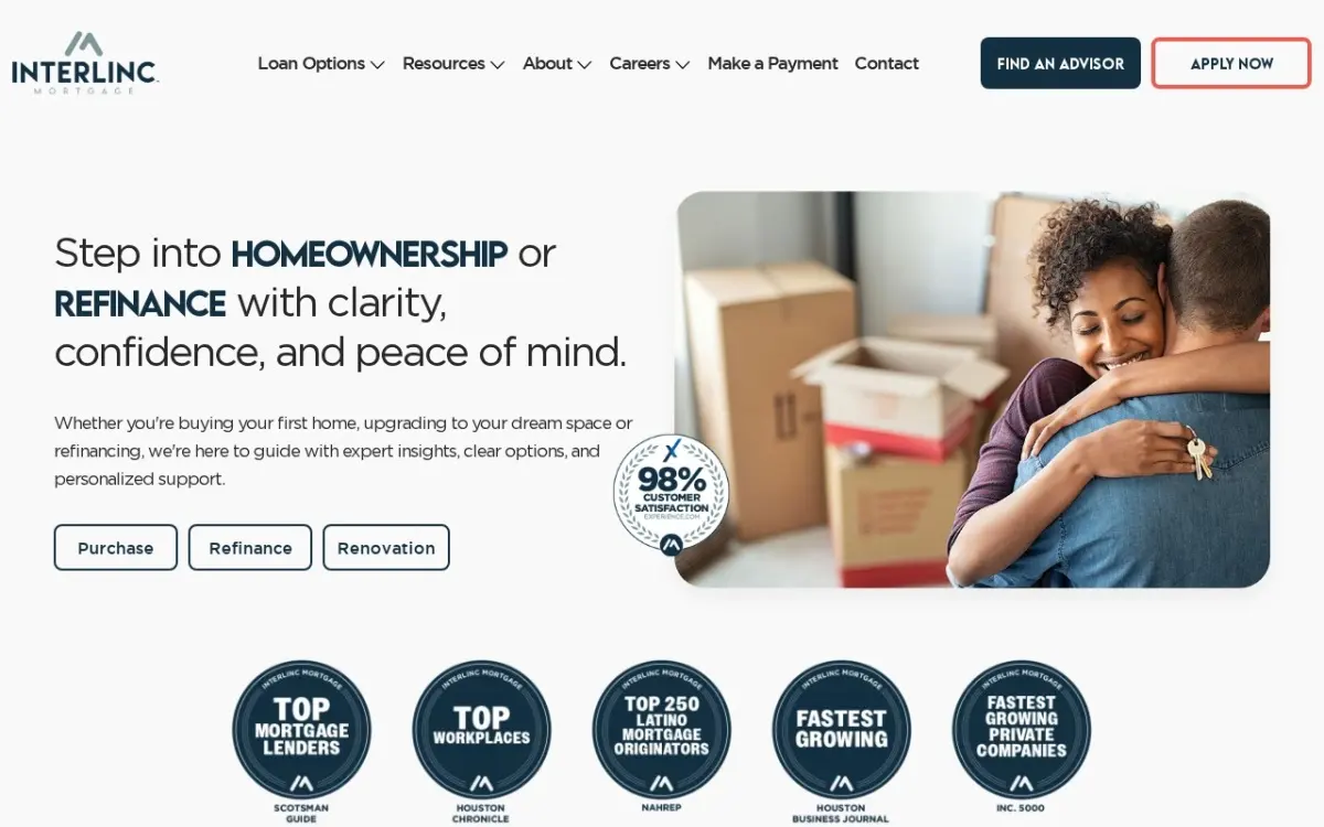The Welcome to Interlinc Mortgage website as built