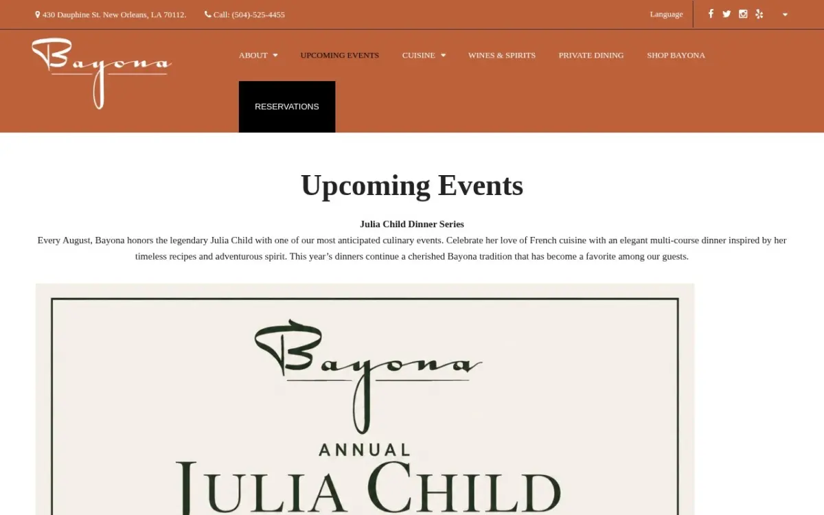 The Bayona Restaurant website as built