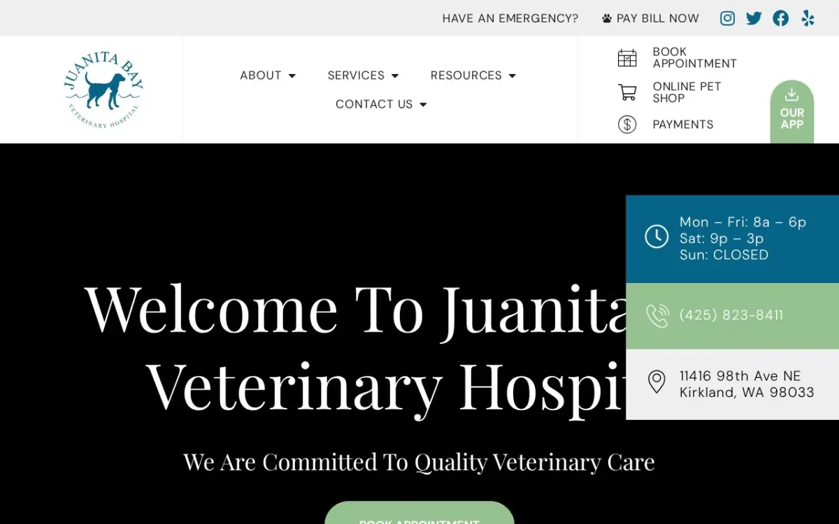 The Juanita Bay Veterinary Hospital website as built