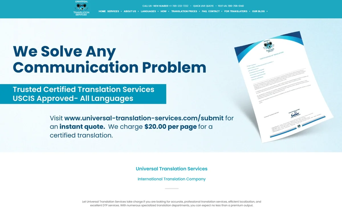 The Universal Translation Services website as built